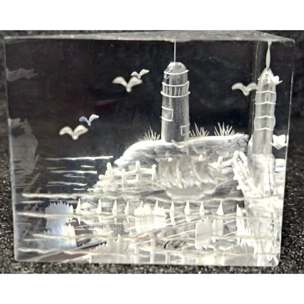 Triangle Shaped Paperweight Etched Lighthouse Sailing Ships Seagulls